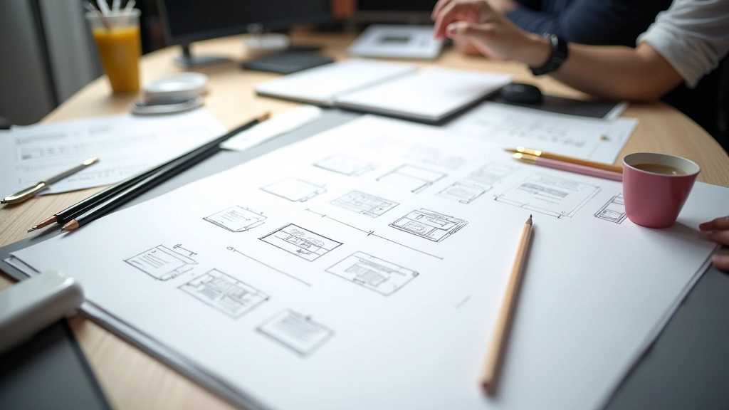 Responsive design breakpoints illustration showing mobile phone at 320px, tablet at 768px, and desktop at 1440px with layout adaptation visualization