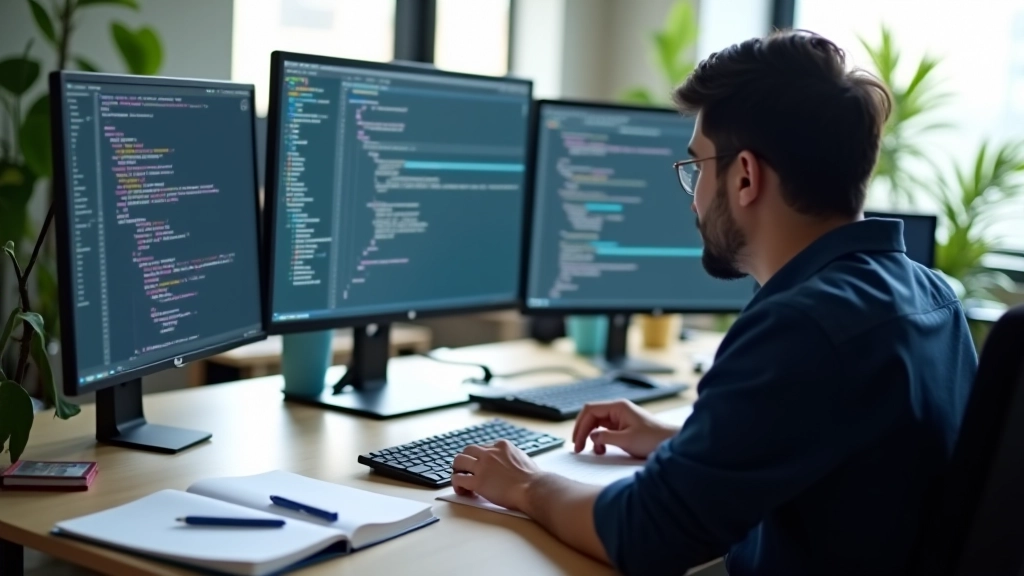 Designer working on responsive layout mockup with code visible on monitor and design sketches on desk