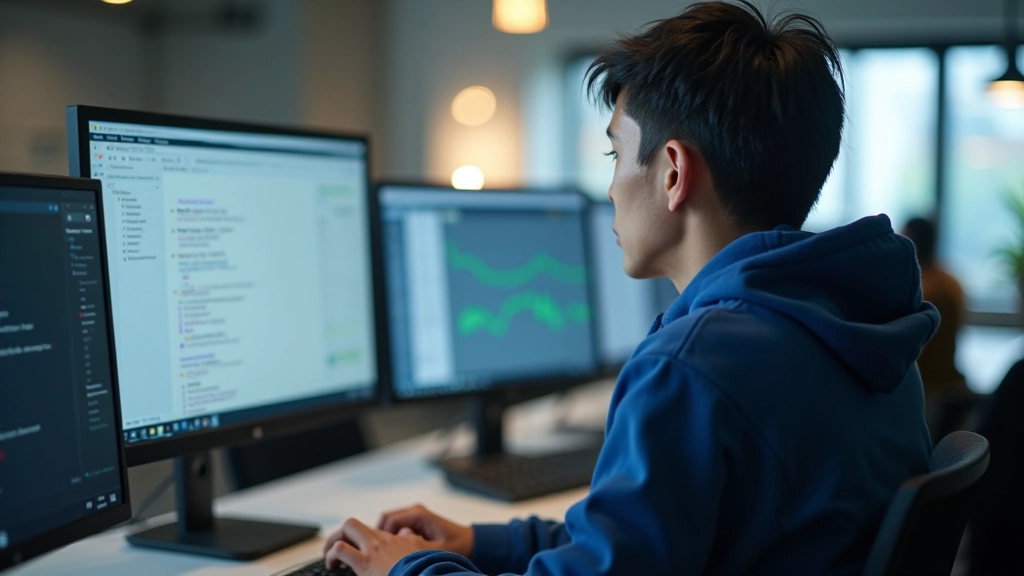 Developer at laptop testing responsive design across multiple browser windows showing different device sizes and breakpoints simultaneously