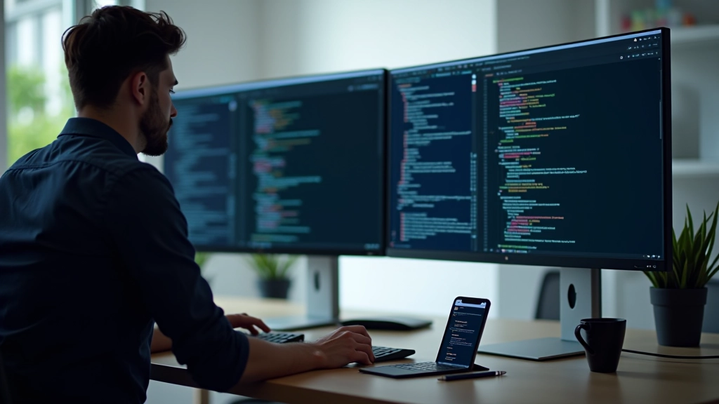 Developer's workstation with multiple monitors showing code editor with CSS media queries and browser windows displaying responsive design testing