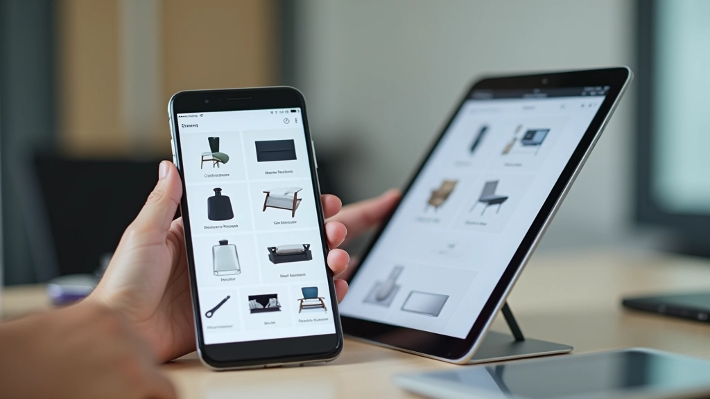 Mobile phone and tablet display showing product grid layout adapting from single column on mobile to multiple columns on tablet view