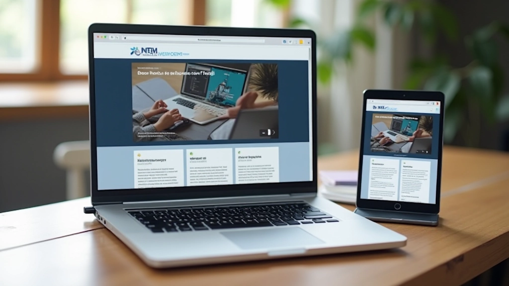 Modern laptop displaying responsive web design layout on screen with tablet and smartphone nearby showing same content