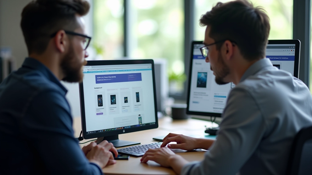 Developer collaborating on responsive web design project, multiple screens showing different device breakpoints and layouts